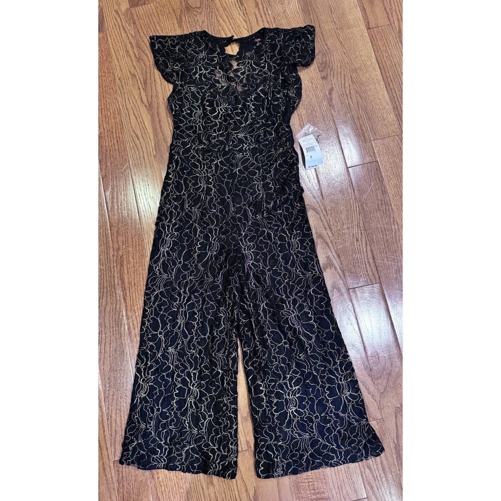 Donna Ricco Embroidered Black Gold Lace‎ Jumpsuit Size 2 Wedding Guest Fancy
